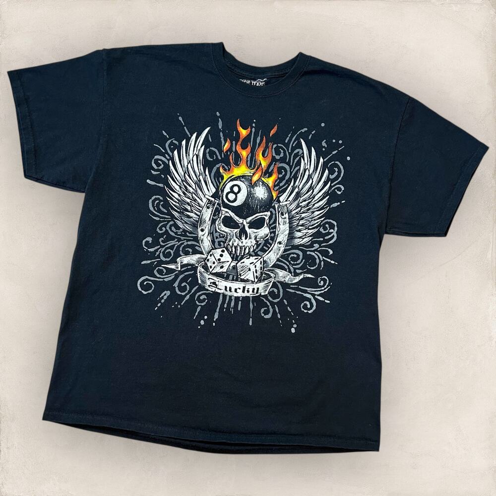 Y2K Flaming Lucky 8 Ball Skull T-Shirt Men's XL Classic Teaze Brand